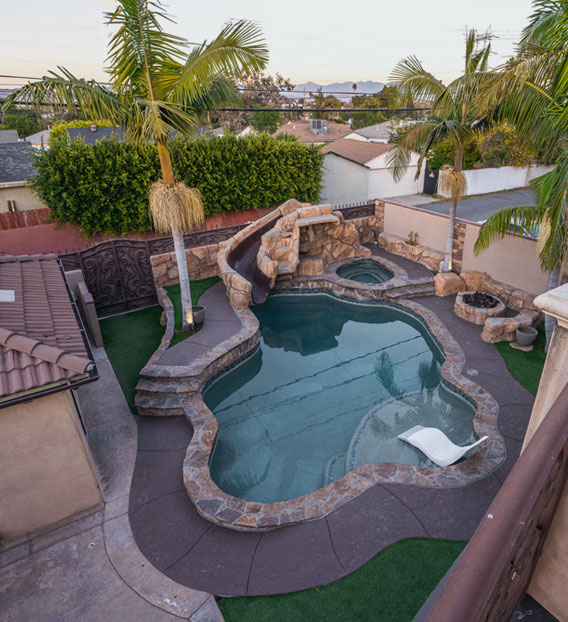 Aerial view of the pool and spa at our sober living home in Los Angeles