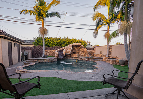 Poolside patio where family visit days happen
