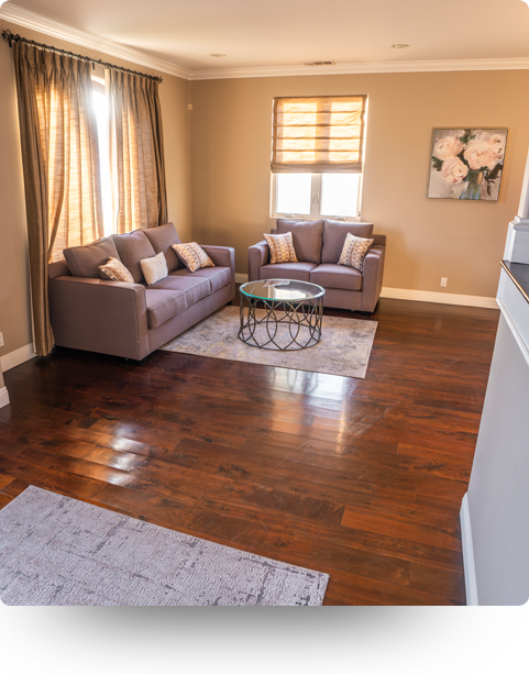 Warm, comfortable living room at our sober living home in Los Angeles
