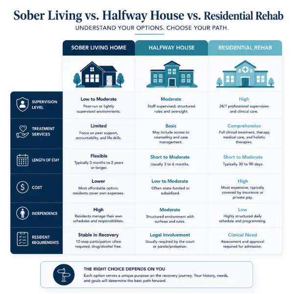 Sober living home versus halfway house versus rehab comparison