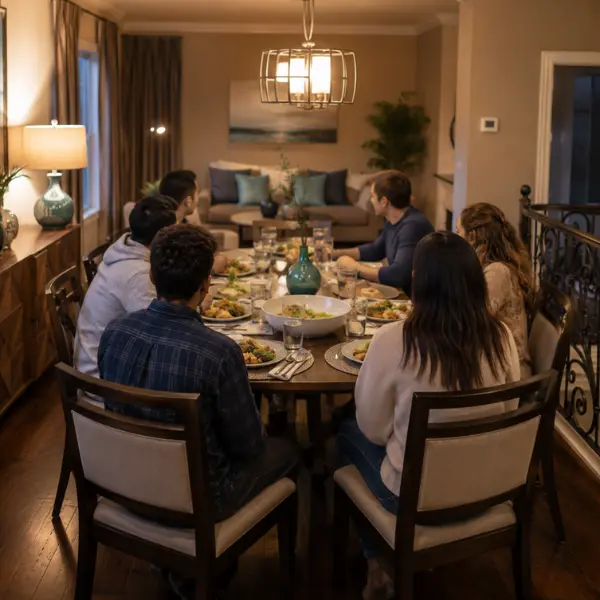 Residents sharing a communal dinner at a sober living home in Los Angeles