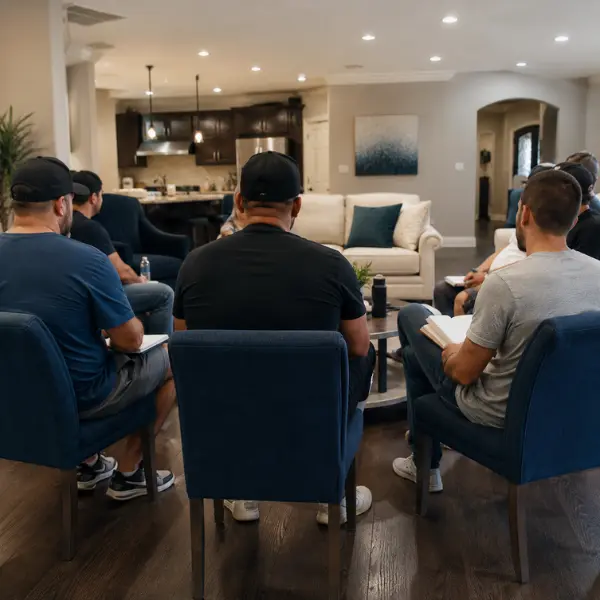 Residents in sober living home attending a group recovery meeting
