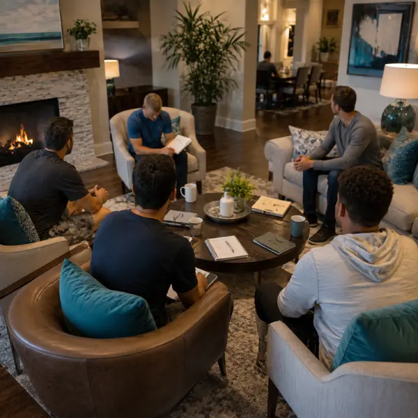Residents in sober living home participating in weekly house meeting